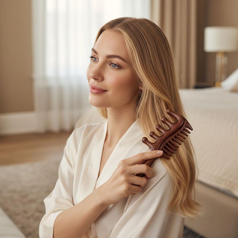 Wooden Scalp Massage Comb 2 in 1 - Wide & Fine Tooth Sandalwood Comb for Hair Growth, Gua Sha, Stress Relief & Styling, Natural Hair Scalp Massager Tool - Image 3